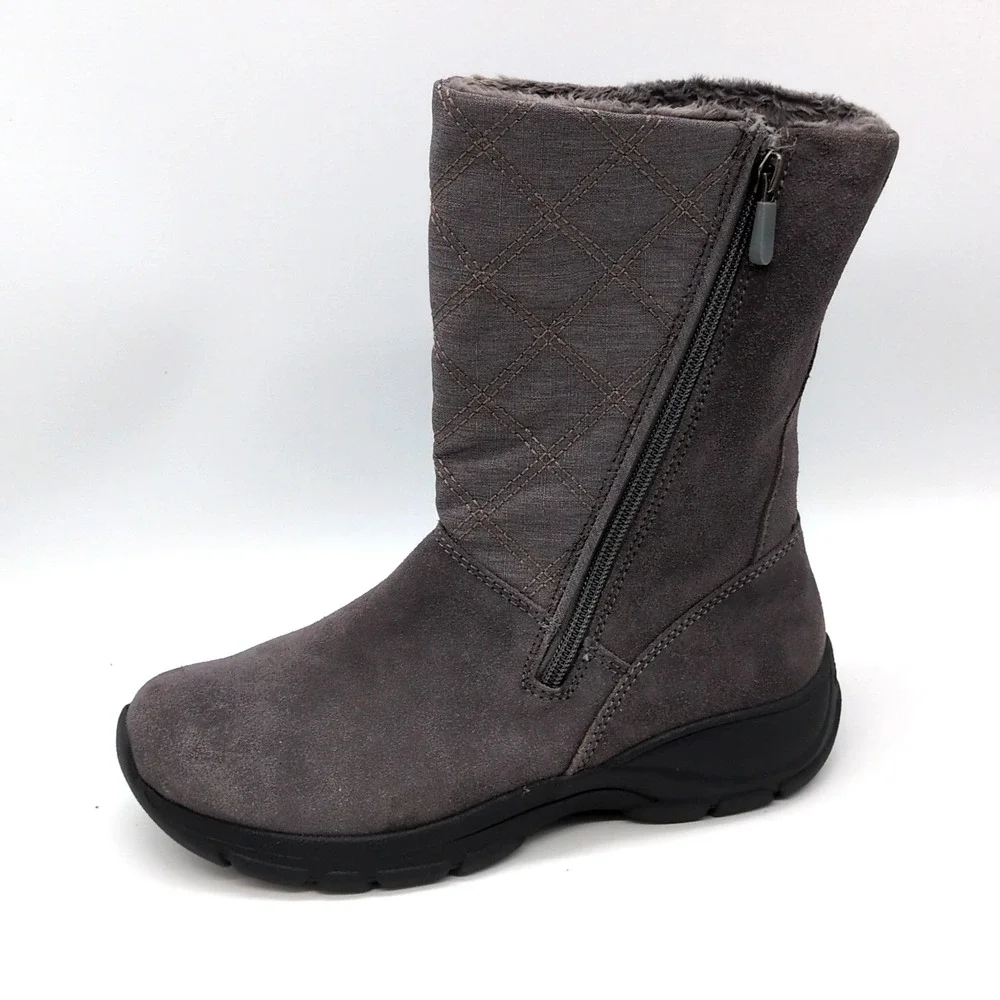 Lands End Shoes Womens Gray 6.5 Suede Winter Boots Quilted Side Zip 503405